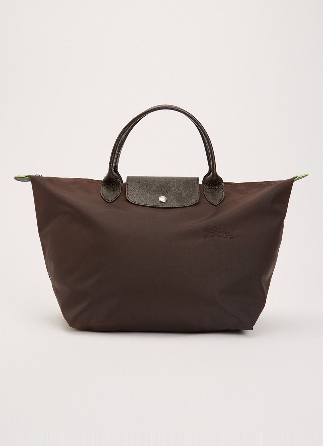Longchamp Le Pliage Green handtas M met leren details - voorkant 2 donkerbruin
