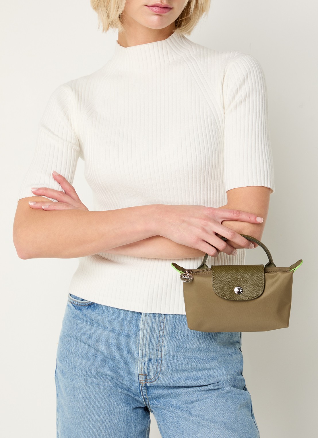 Longchamp Le Pliage Green handtas met leren details - voorkant 4 lichtbruin