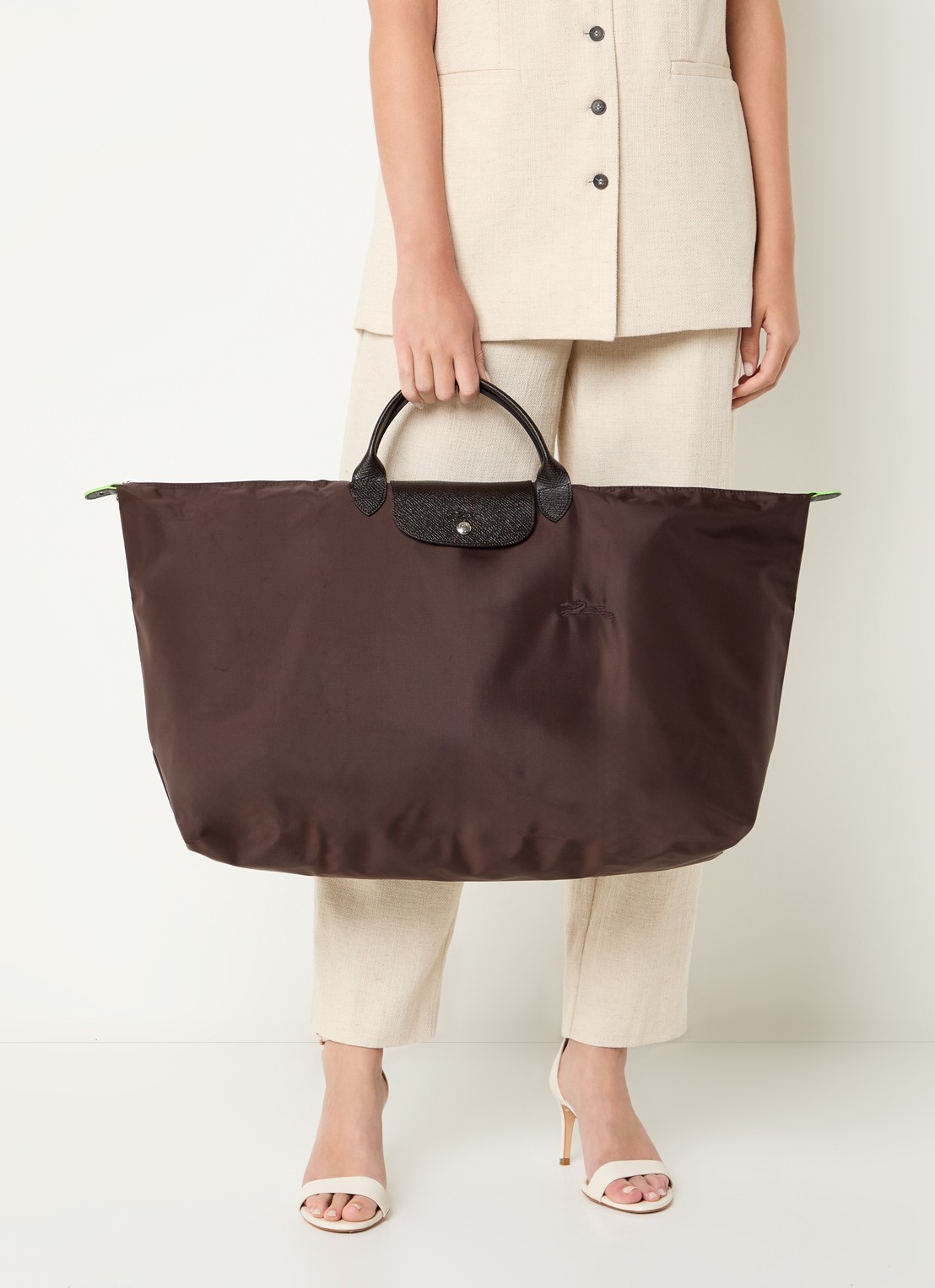 Longchamp Le Pliage Green reistas XL met leren details - voorkant 2 donkerbruin
