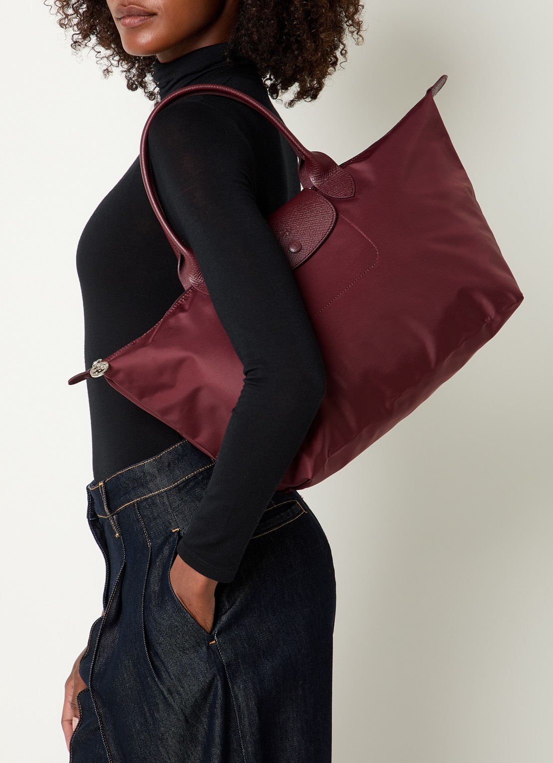 Longchamp Le Pliage One handtas L met leren details - voorkant 7 aubergine