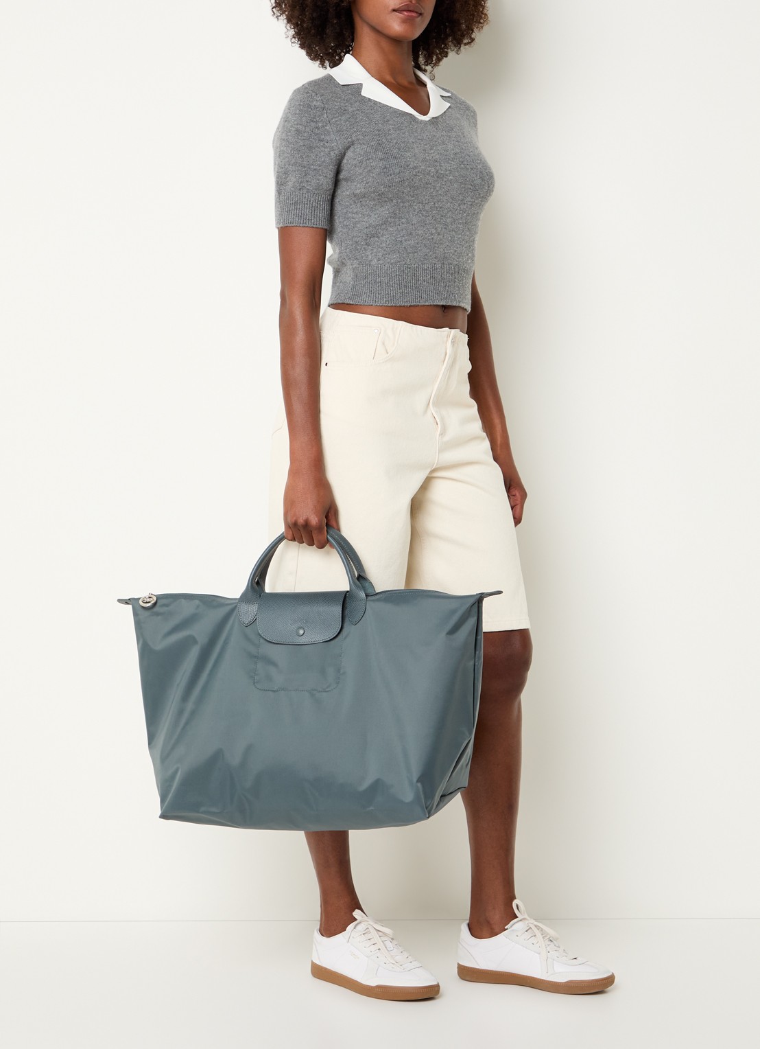 Longchamp Le Pliage One reistas L met leren details - voorkant 7 staalblauw