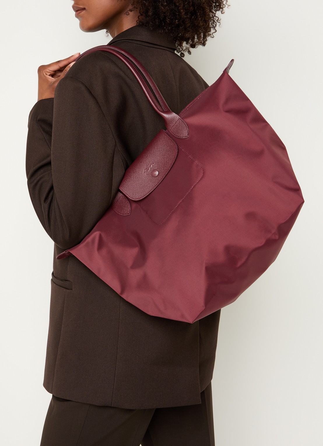 Longchamp Le Pliage One schoudertas L met leren details - voorkant 2 bordeauxrood