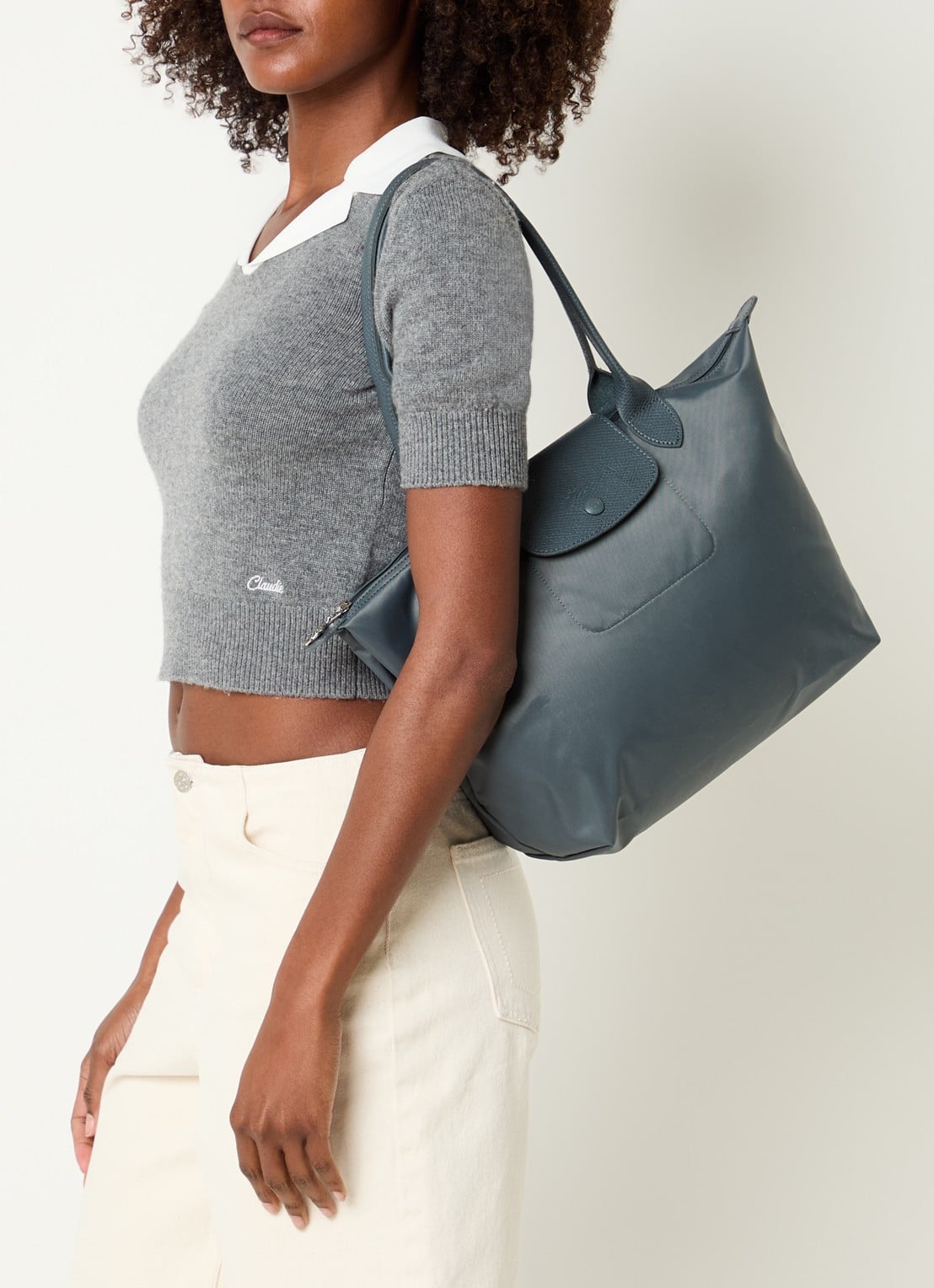 Longchamp Le pliage One schoudertas M met details van leer - voorkant 2 staalblauw