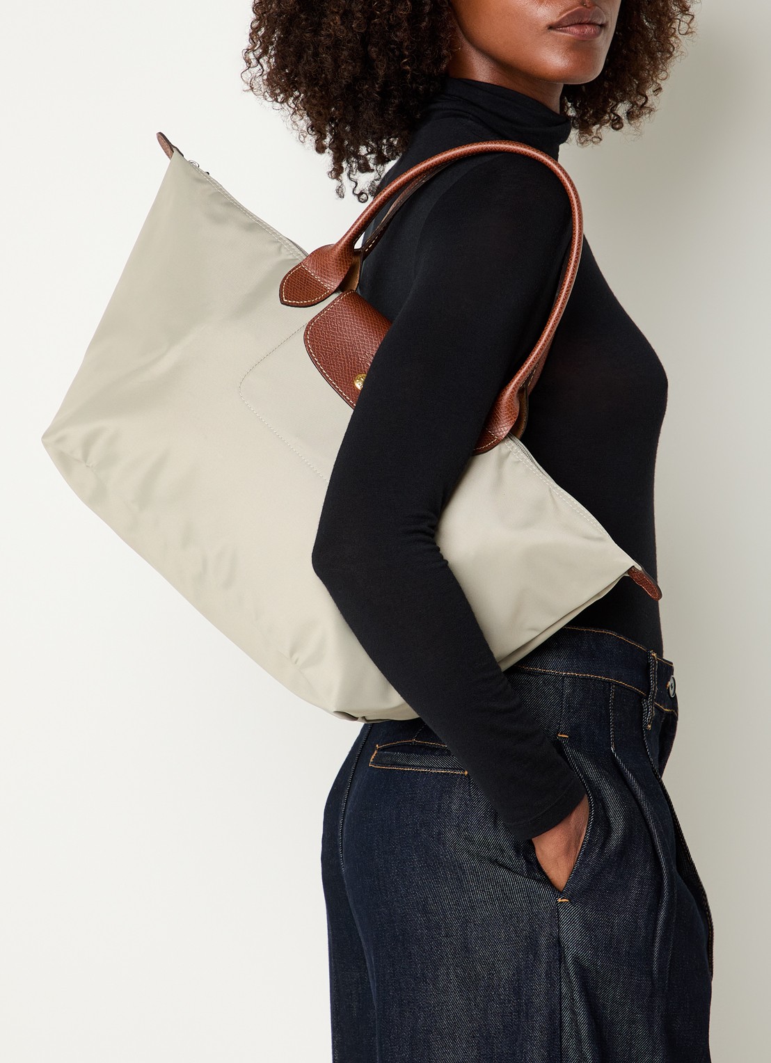 Longchamp Le Pliage Original handtas L met leren details - voorkant 6 taupe