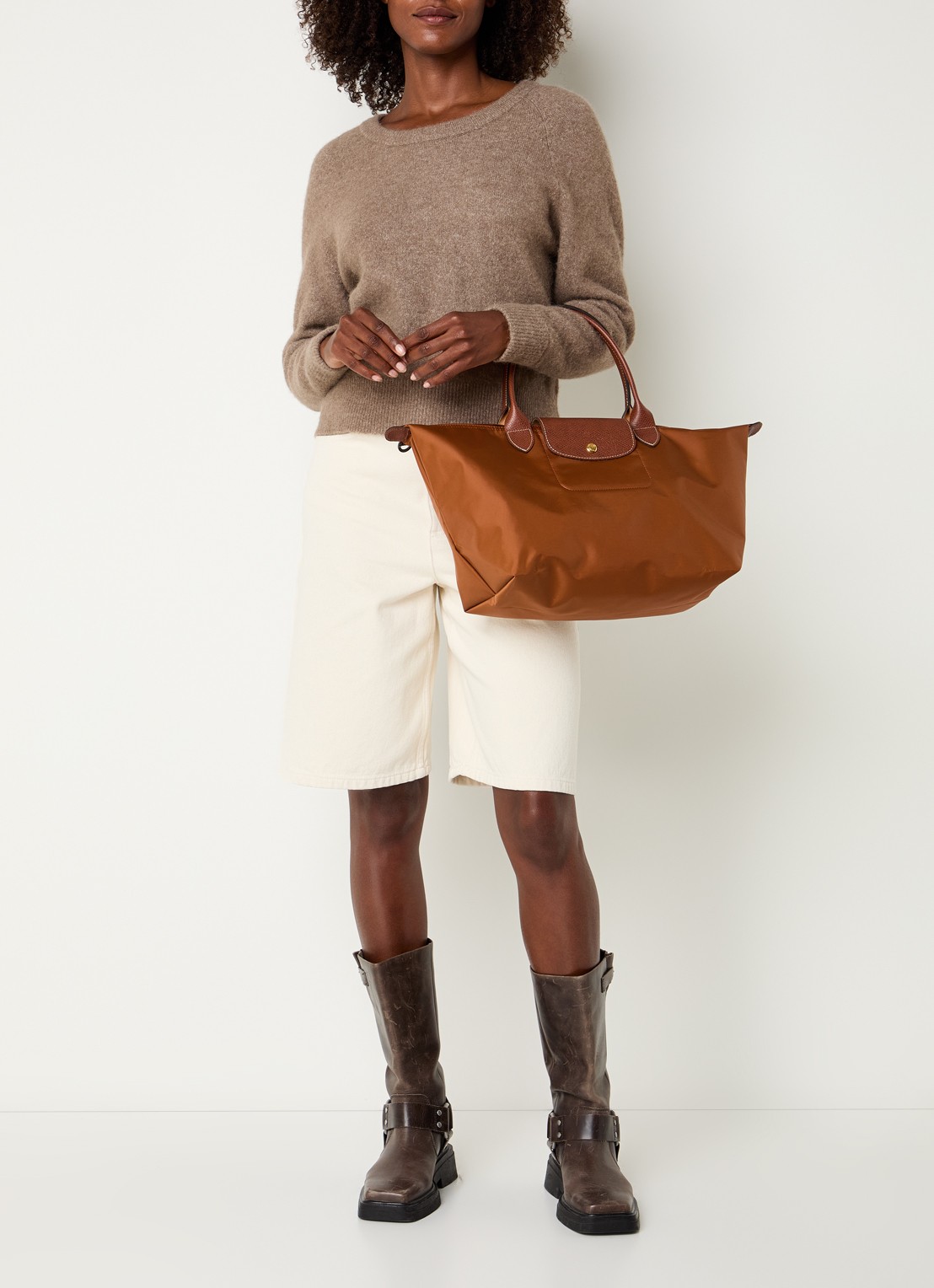 Longchamp Le Pliage Original handtas L met leren details - voorkant 6 cognac