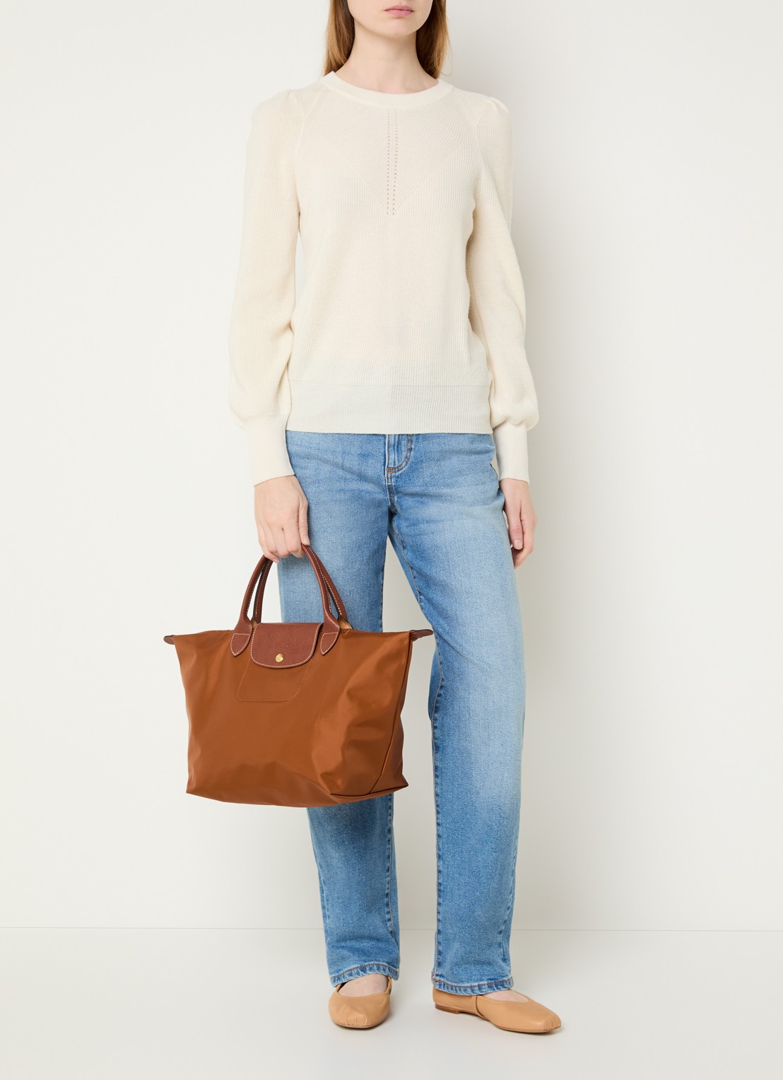 Longchamp Le Pliage Original handtas M met leren details - voorkant 6 cognac