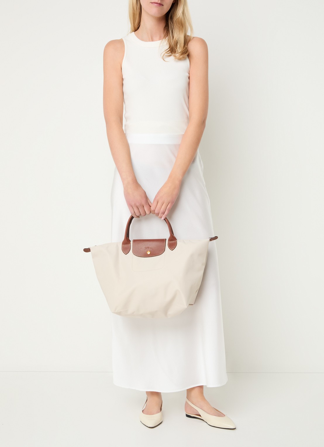 Longchamp Le Pliage Original handtas M met leren details - voorkant 6 creme