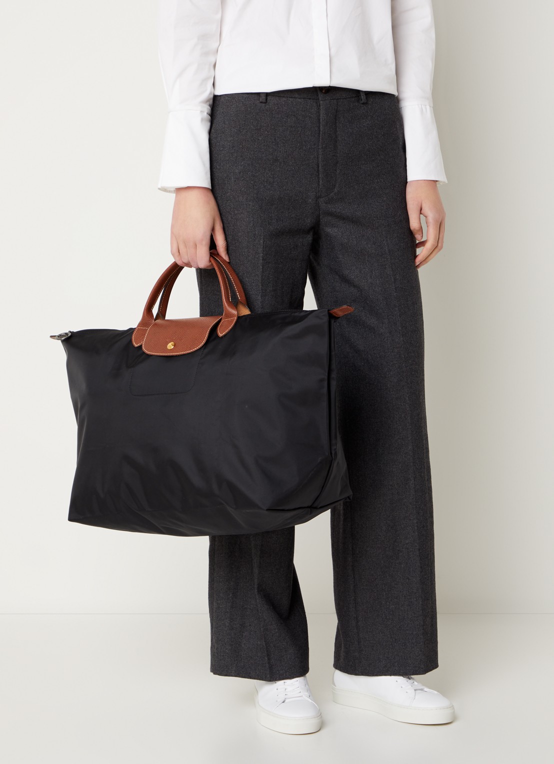 Longchamp Le Pliage Original reistas L met leren details - voorkant 6 zwart
