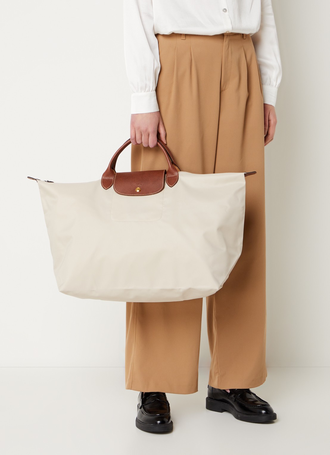 Longchamp Le Pliage Original reistas L met leren details - voorkant 3 creme