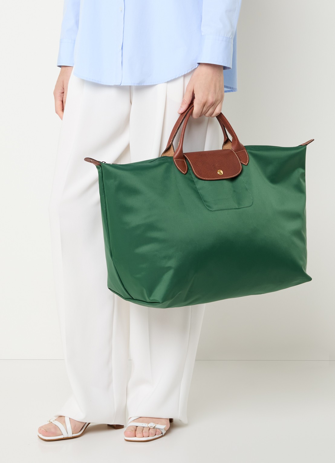 Longchamp Le Pliage Original reistas L met leren details - voorkant 2 donkergroen