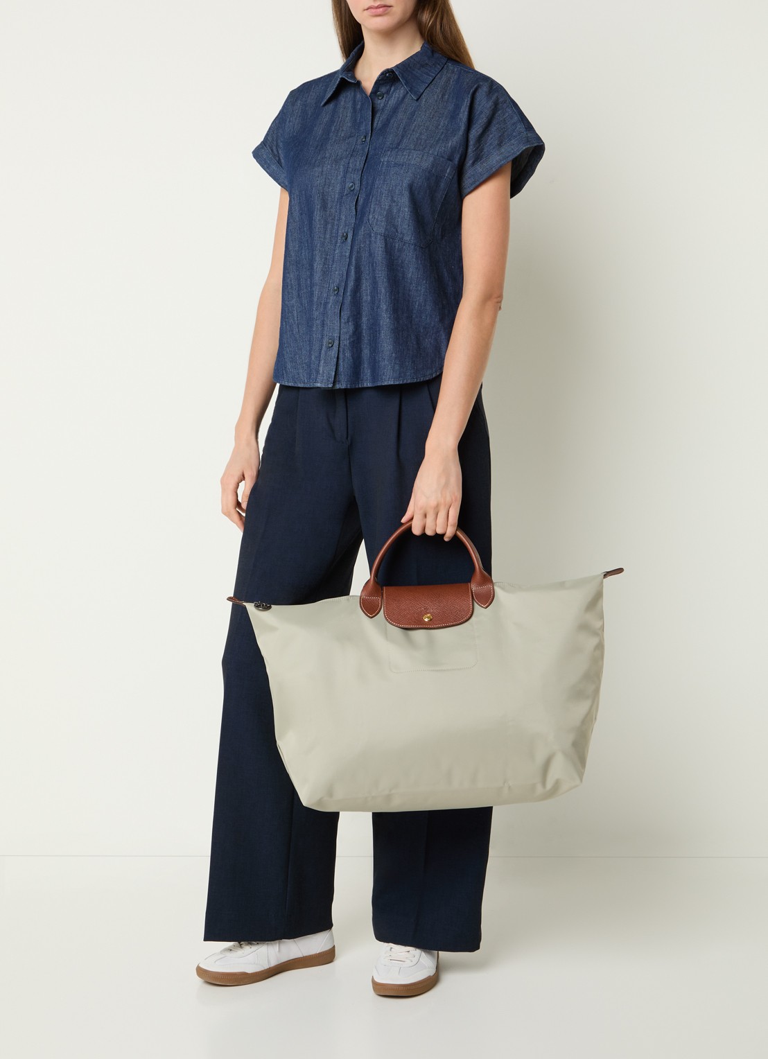 Longchamp Le Pliage Original reistas L met leren details - voorkant 2 grijs