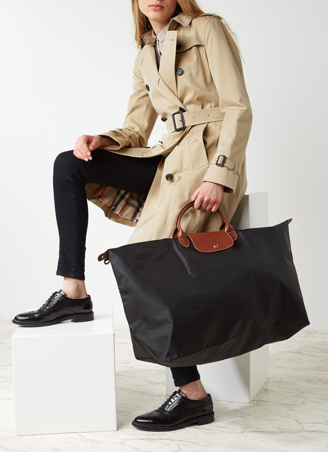 Longchamp Le Pliage Original reistas XL met leren details - voorkant 5 zwart