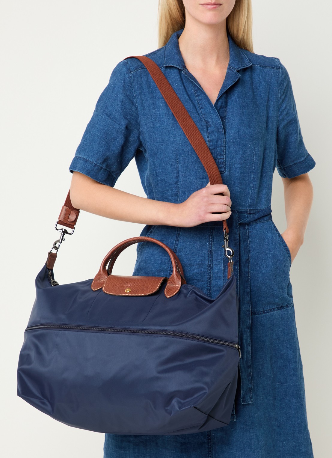 Longchamp Le Pliage Original vergrootbare reistas met leren details - voorkant 8 donkerblauw