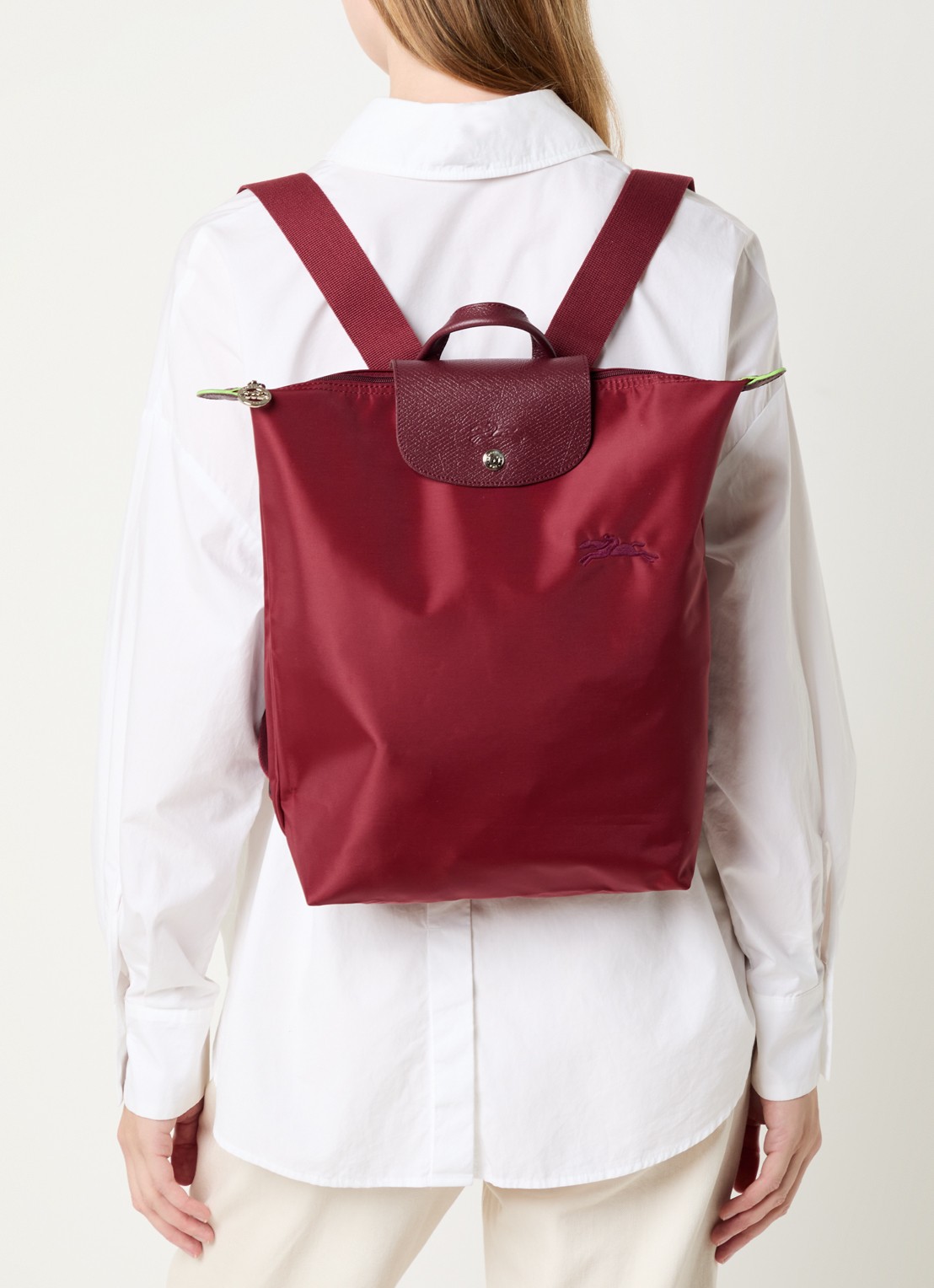 Longchamp Le Pliage rugzak M met leren details - voorkant 3 bordeauxrood
