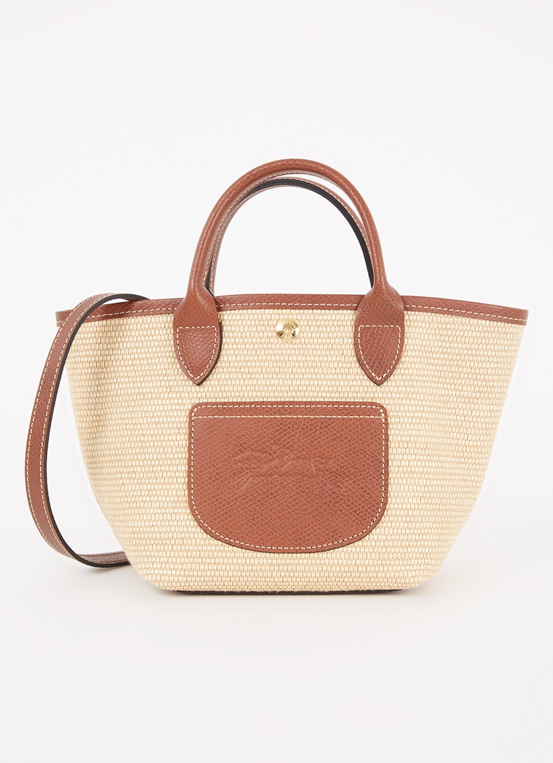Longchamp Le Pliage XS Basket crossbodytas van raffia met leren details - voorkant 2 donkerbruin