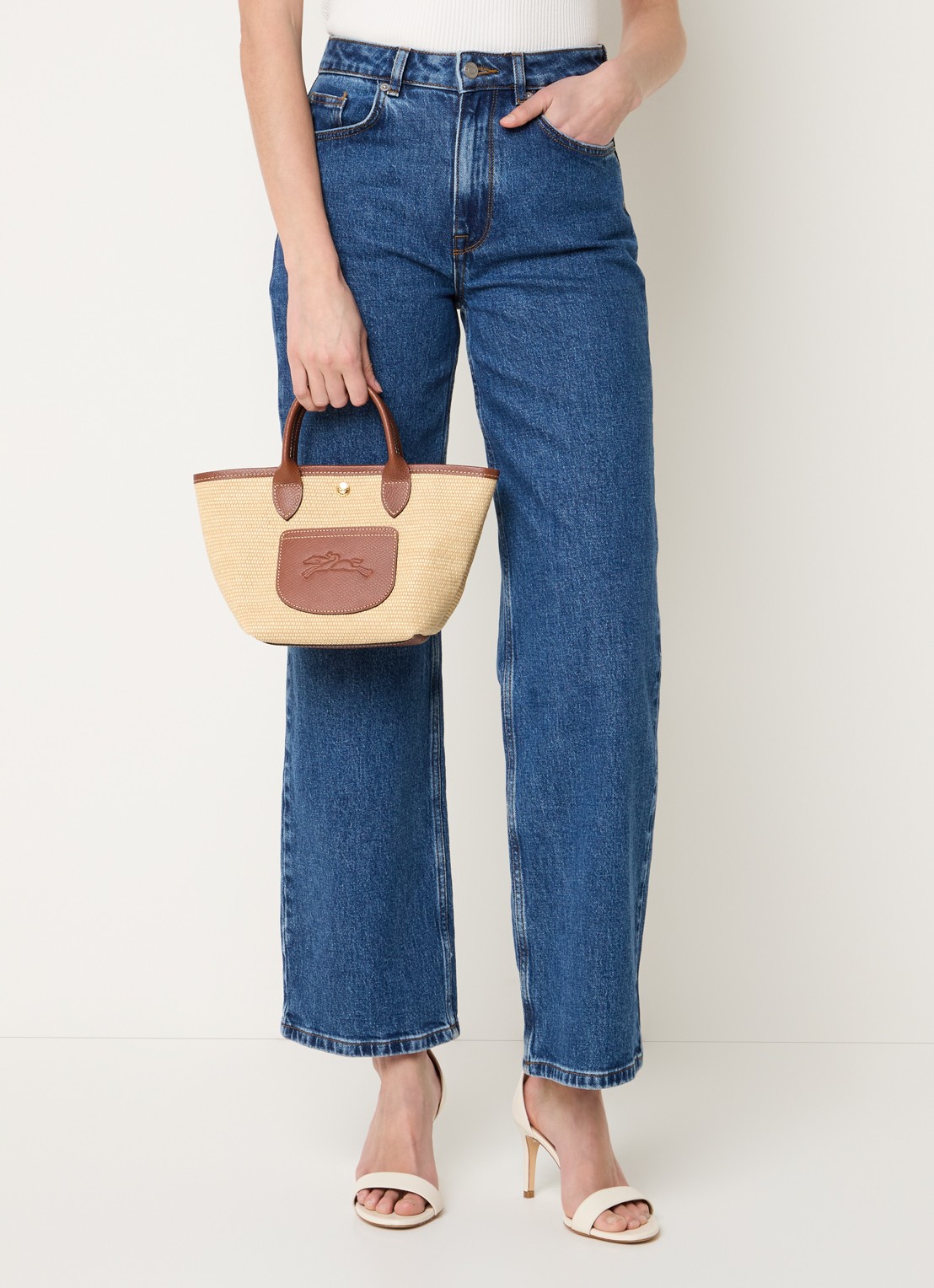 Longchamp Le Pliage XS Basket crossbodytas van raffia met leren details - voorkant 3 donkerbruin