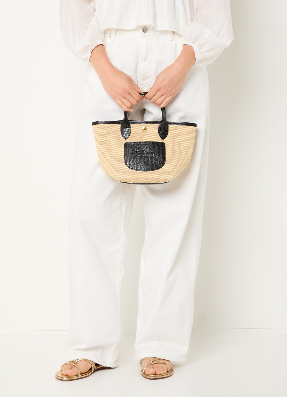 Longchamp Le Pliage XS Basket crossbodytas van raffia met leren details - voorkant 2 zwart