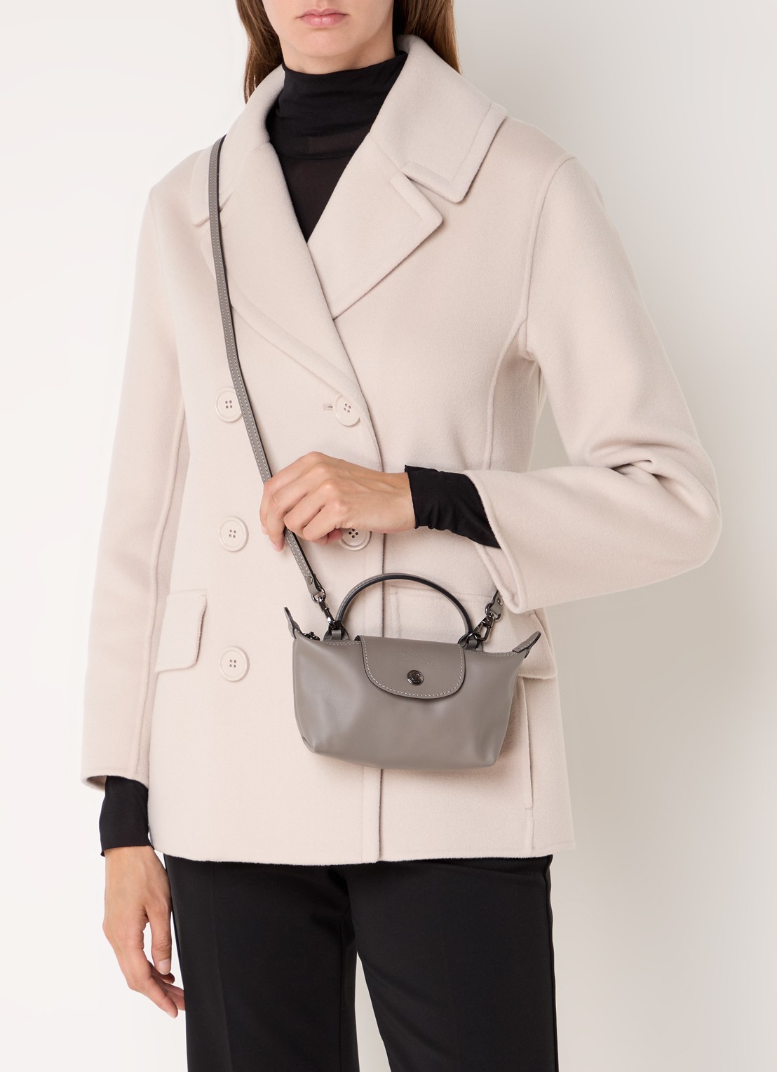 Longchamp Le Pliage Xtra handtas XS van leer met afneembare schouderriem - voorkant 3 grijs