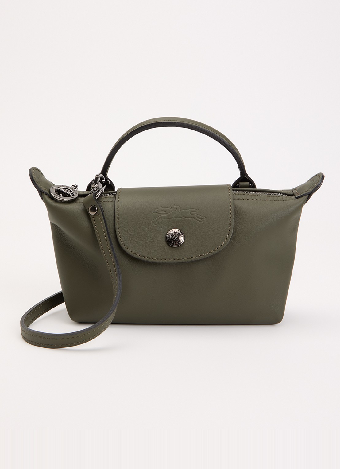 Longchamp Le Pliage Xtra handtas XS van leer met afneembare schouderriem - voorkant legergroen