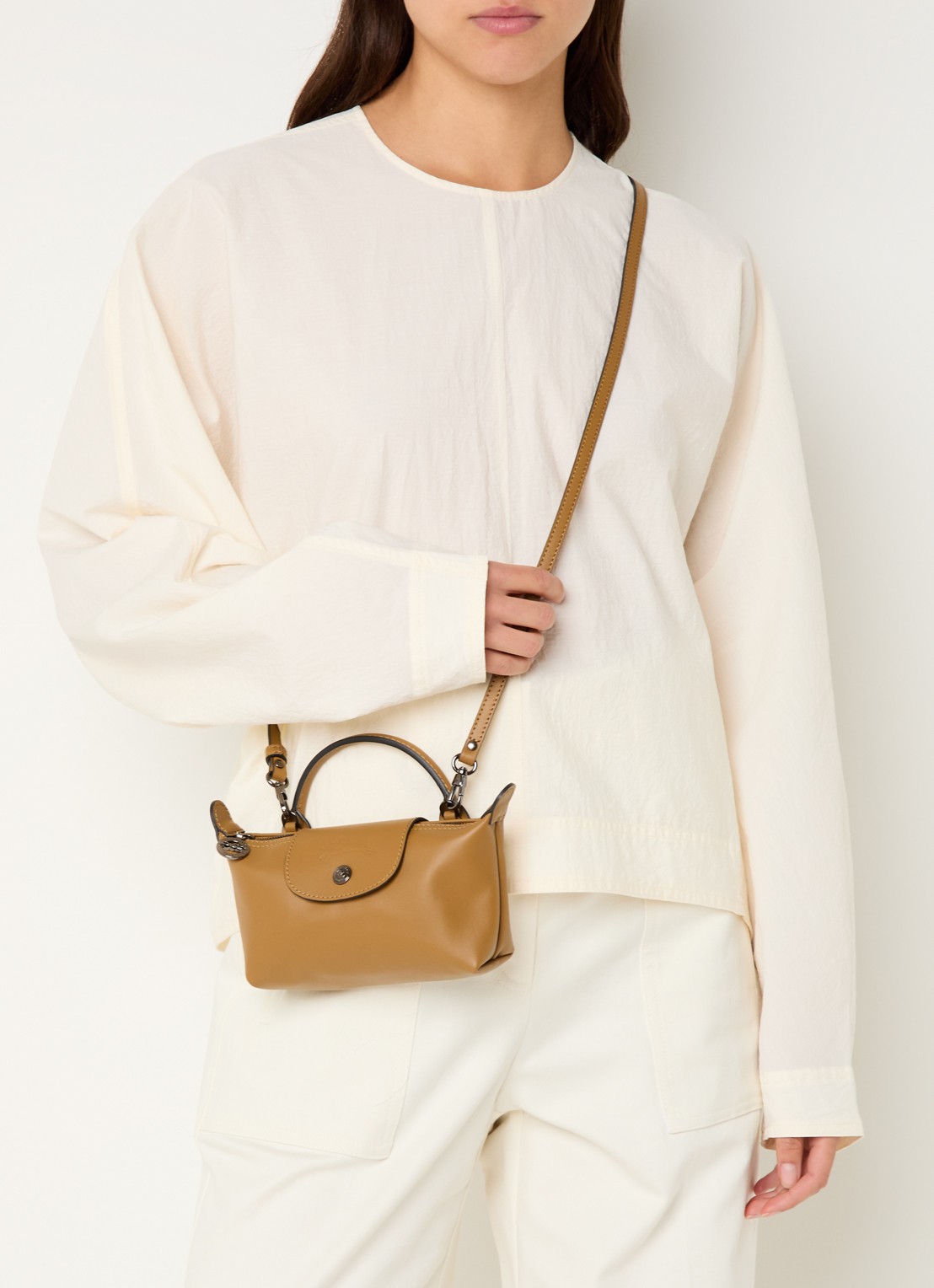 Longchamp Le Pliage Xtra handtas XS van leer met afneembare schouderriem - voorkant 7 cognac