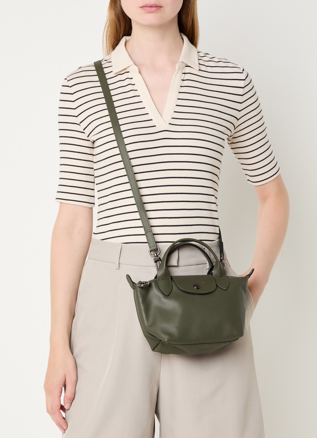 Longchamp Le Pliage Xtra handtas XS van leer - voorkant 4 legergroen