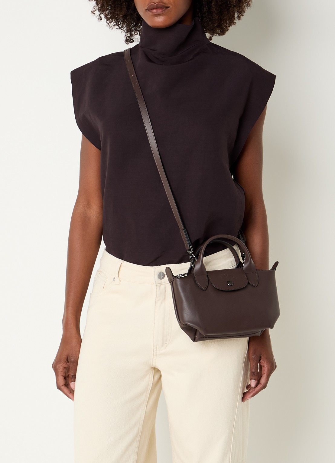 Longchamp Le Pliage Xtra handtas XS van leer - voorkant 5 donkerbruin