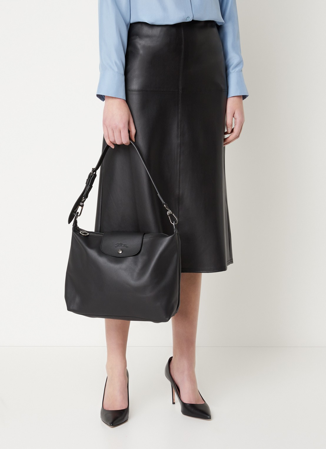 Longchamp Le Pliage Xtra schoudertas M van leer - voorkant 2 zwart