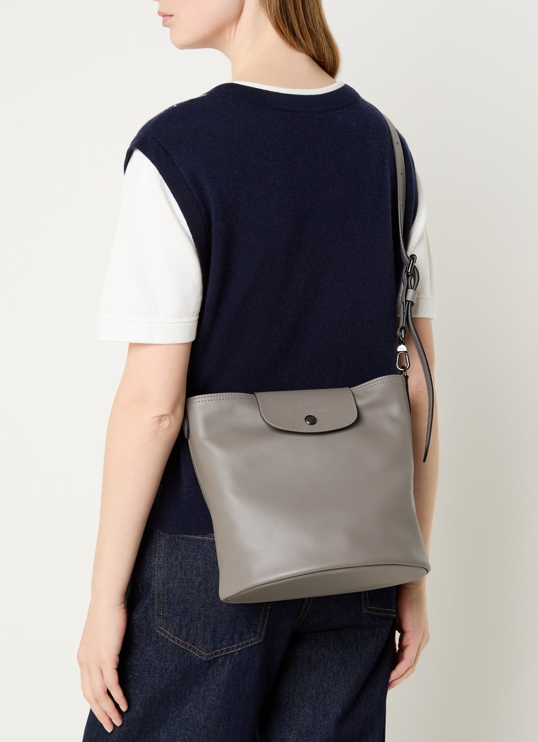Longchamp Le Pliage Xtra schoudertas M van leer - voorkant 2 blauwgrijs
