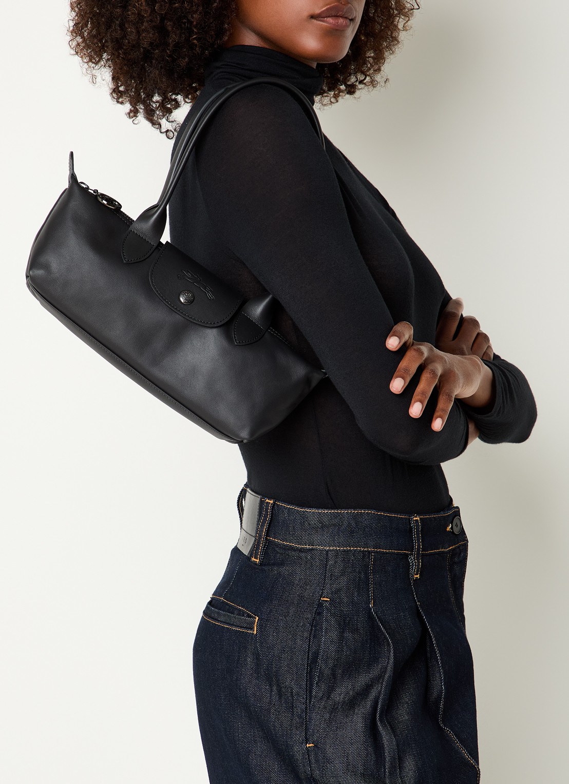 Longchamp Le Pliage Xtra schoudertas M van leer - voorkant 5 zwart