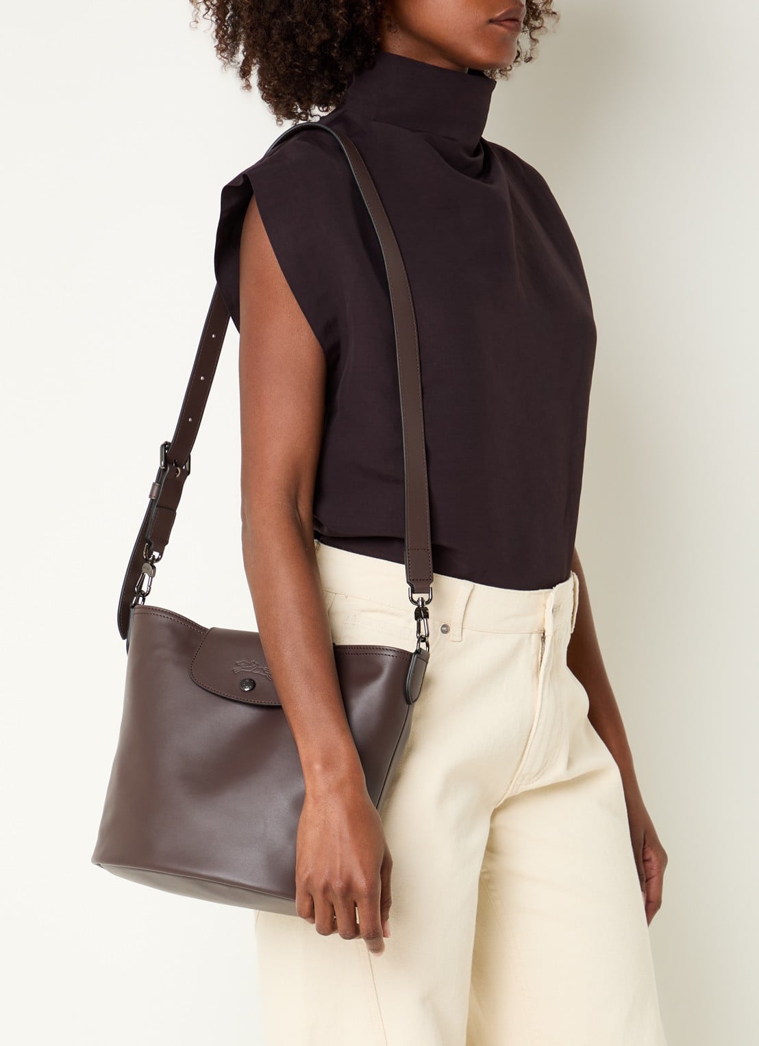 Longchamp Le Pliage Xtra schoudertas M van leer - voorkant 2 donkerbruin
