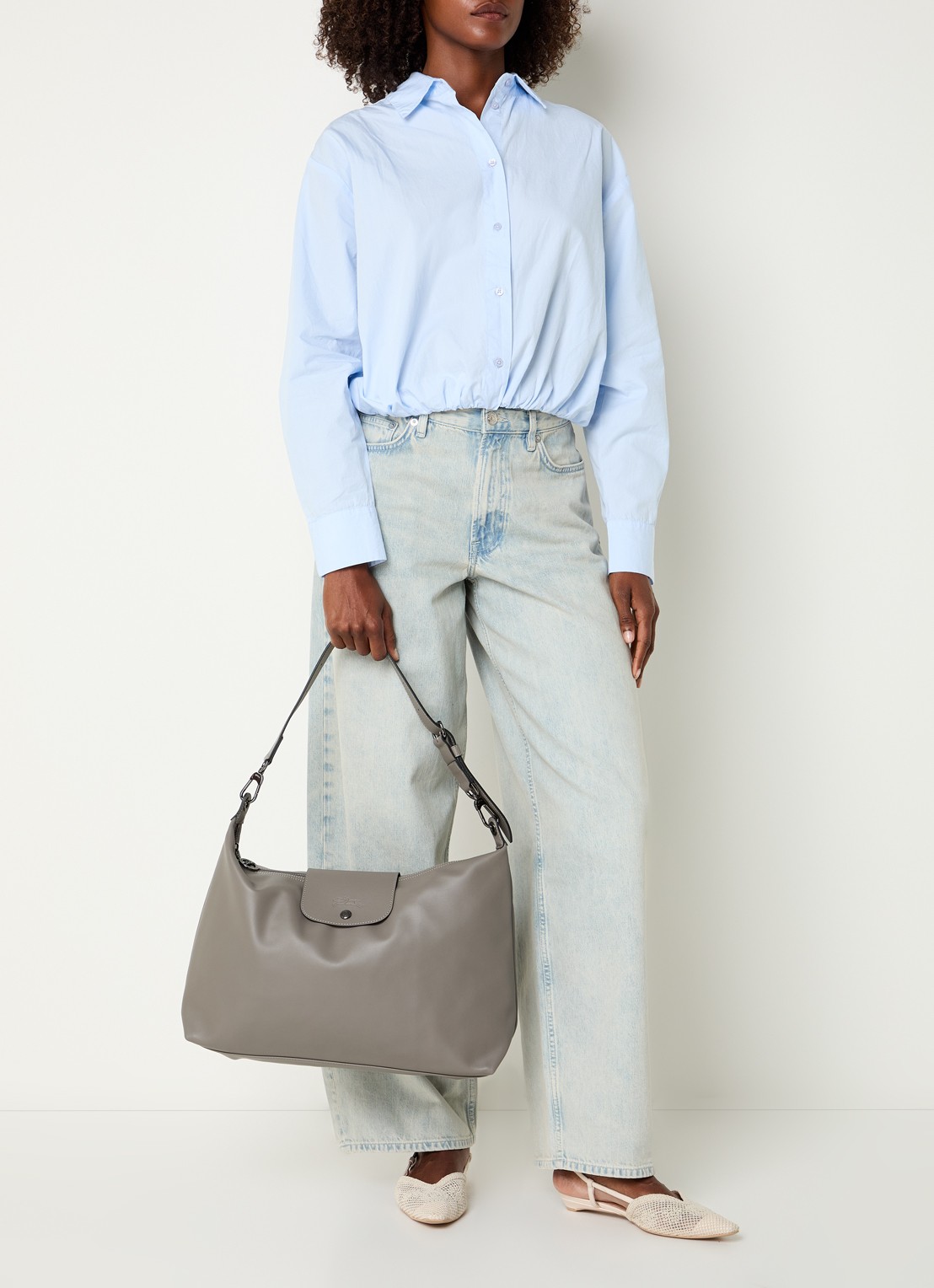 Longchamp Le Pliage Xtra schoudertas XL van leer - voorkant 2 grijs