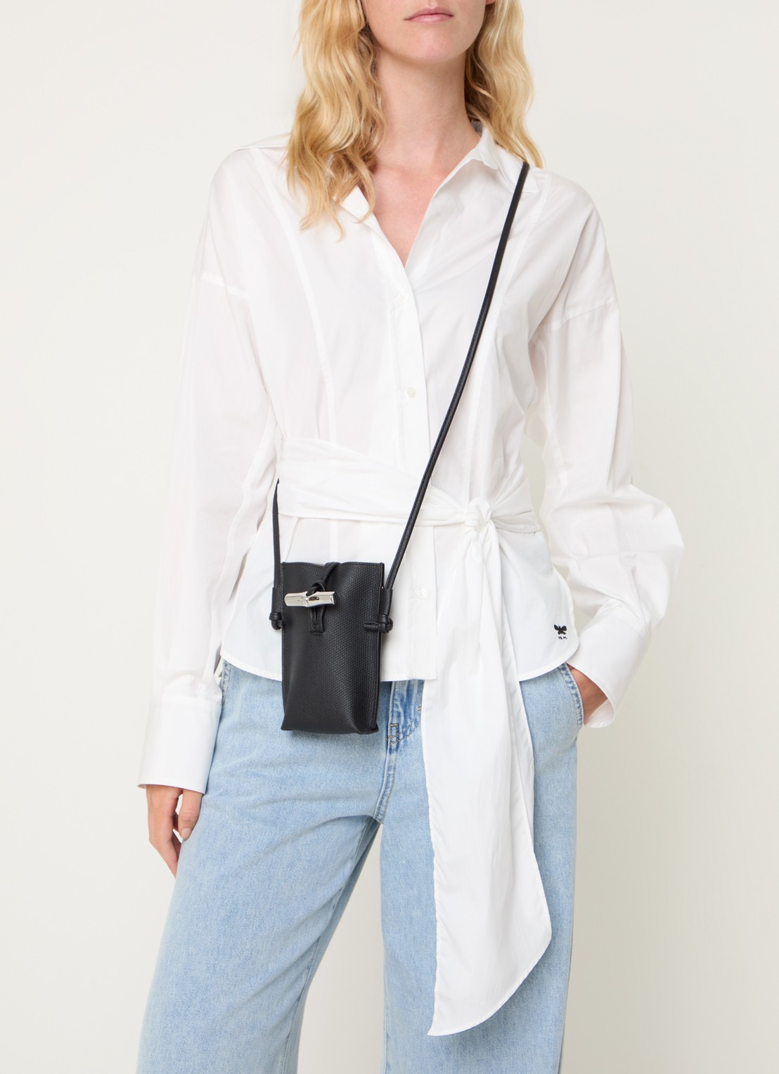 Longchamp Le Roseau crossbody telefoonhoes van leer - voorkant 5 zwart