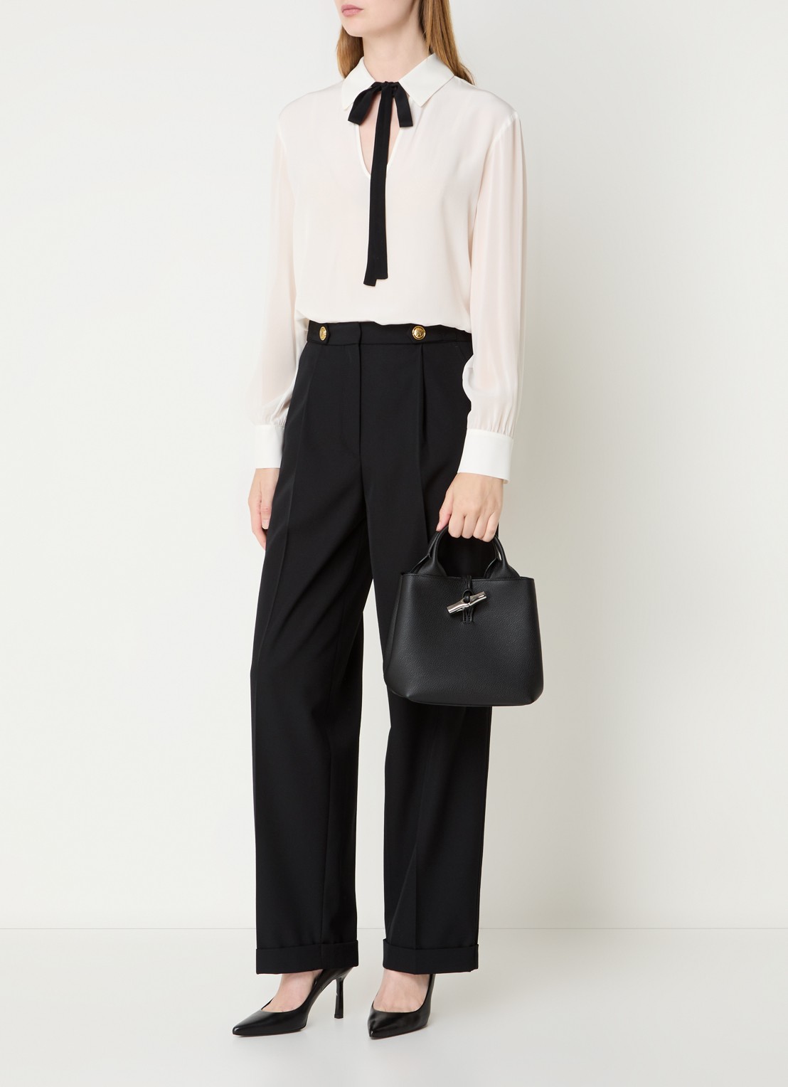 Longchamp Le Roseau handtas S van leer met afneembare schouderriem - voorkant 3 zwart