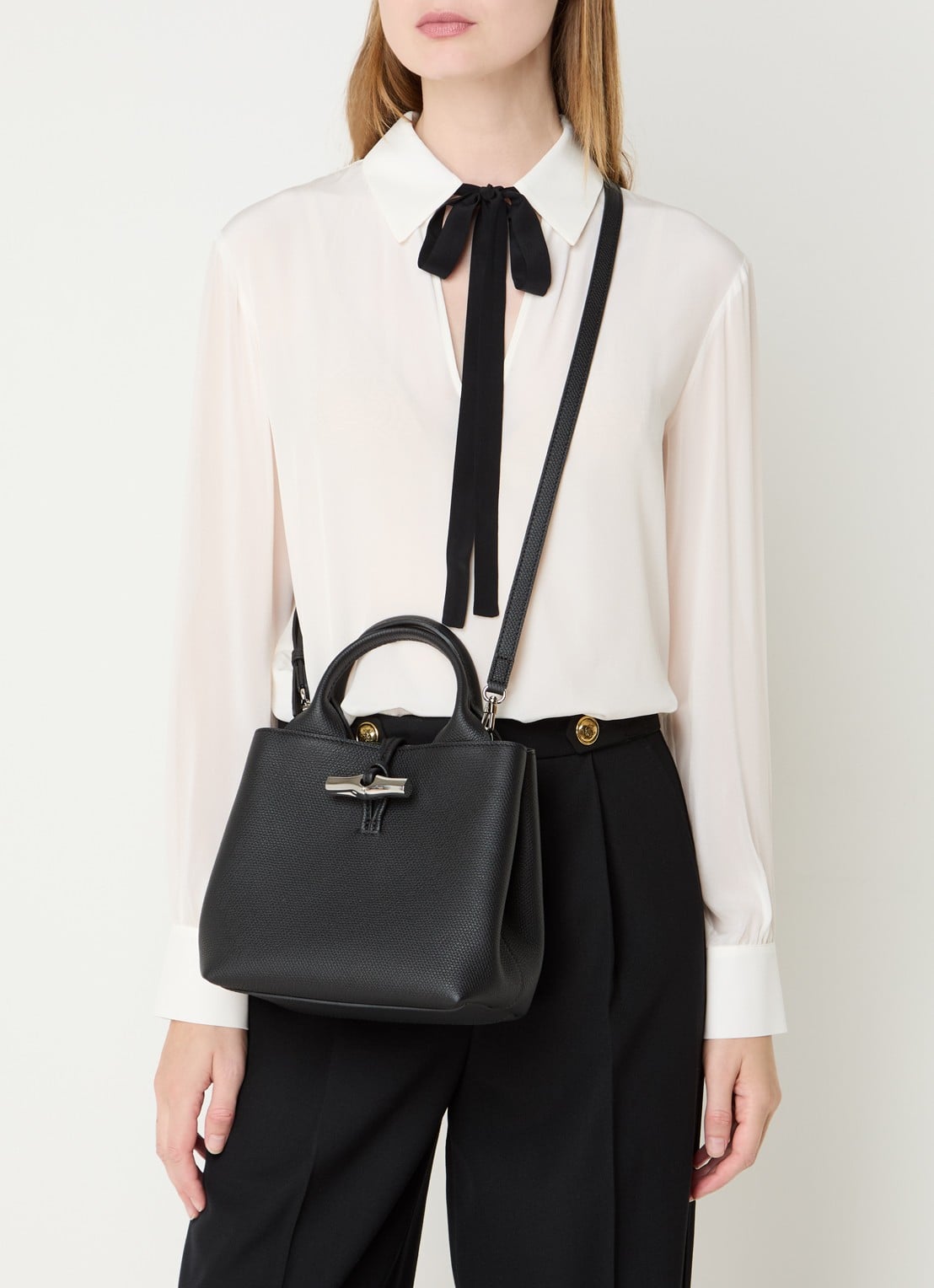 Longchamp Le Roseau handtas S van leer met afneembare schouderriem - voorkant 4 zwart