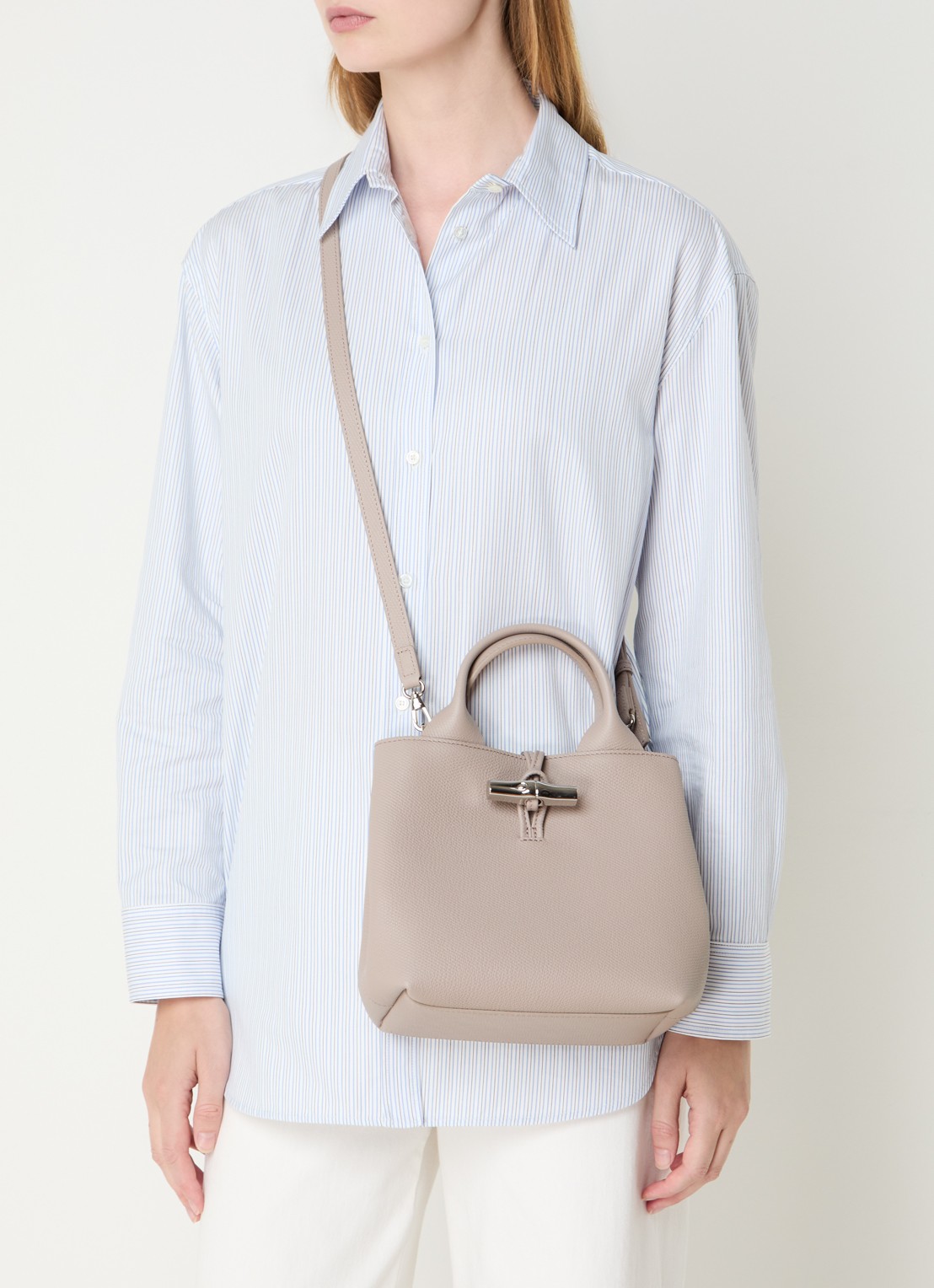 Longchamp Le Roseau handtas S van leer met afneembare schouderriem - voorkant 3 beige