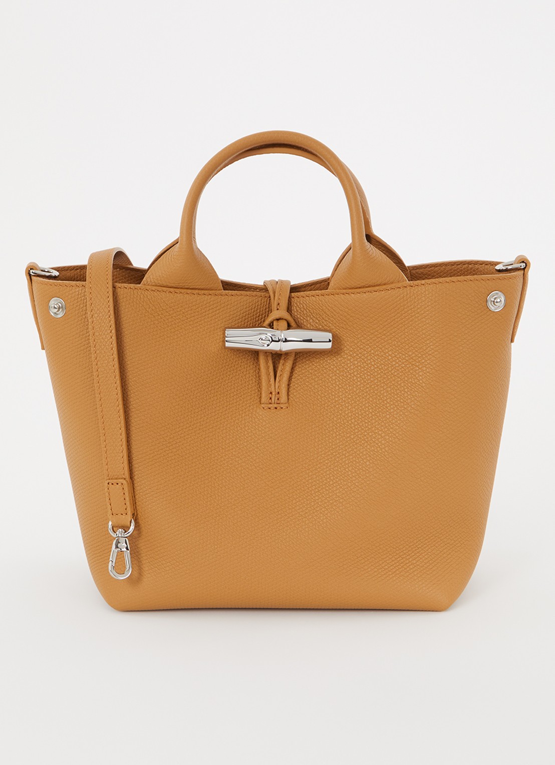 Longchamp Le Roseau handtas S van leer met afneembare schouderriem  - voorkant cognac