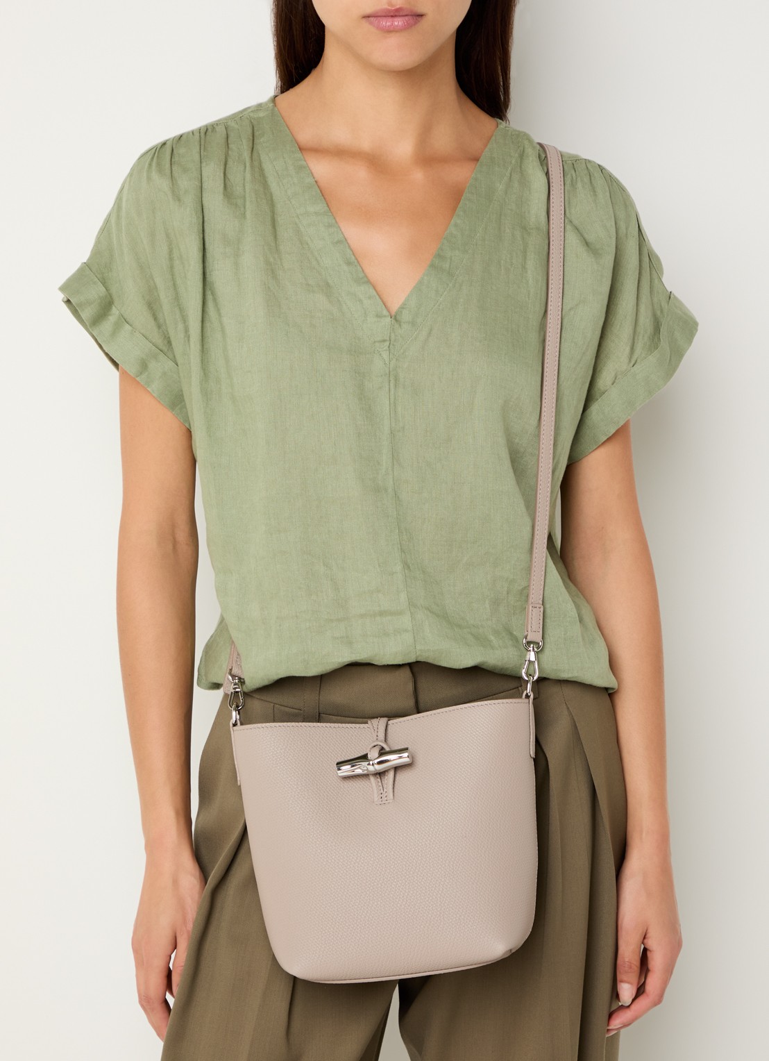Longchamp Le Roseau handtas XS van leer met afneembare schouderriem - voorkant 3 beige