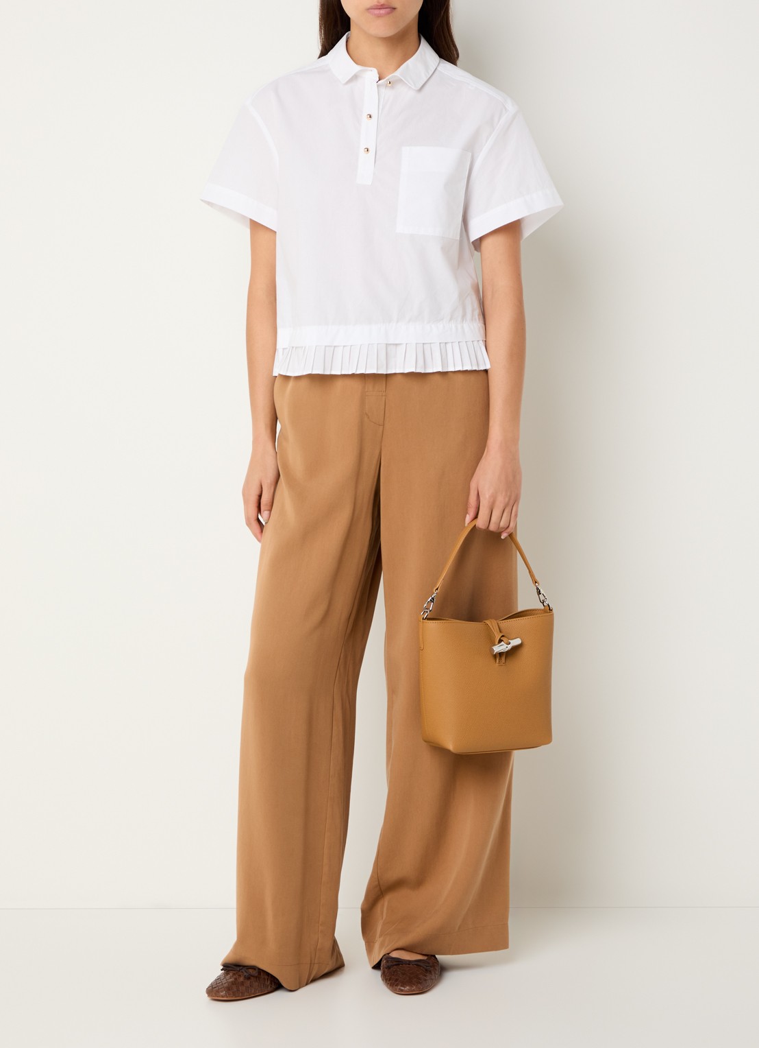 Longchamp Le Roseau handtas XS van leer met afneembare schouderriem - voorkant 2 camel