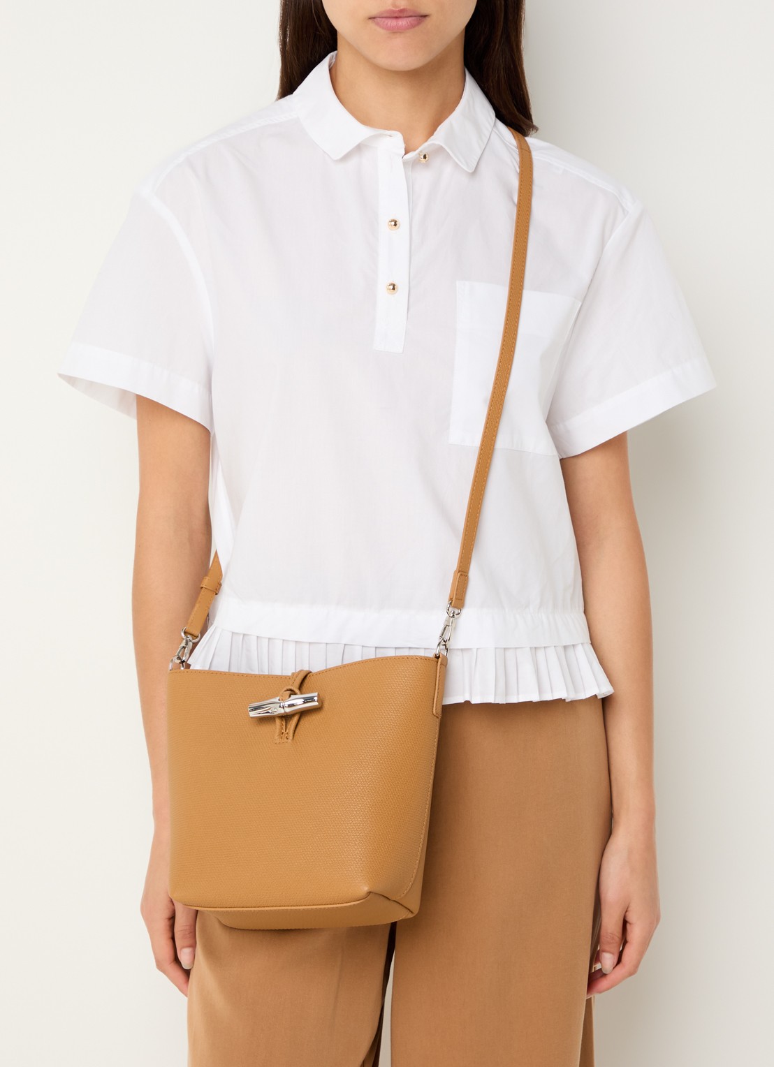Longchamp Le Roseau handtas XS van leer met afneembare schouderriem - voorkant 3 camel