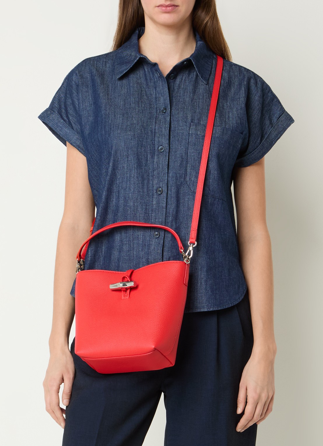 Longchamp Le Roseau handtas XS van leer met afneembare schouderriem - voorkant 2 rood