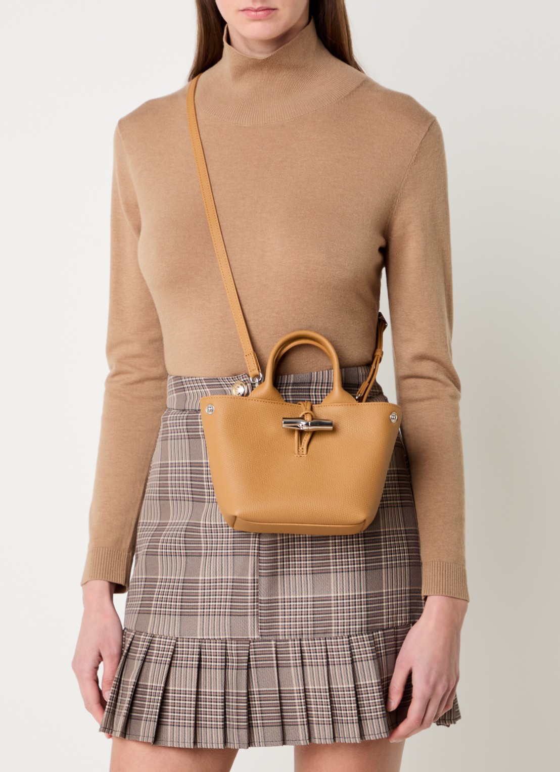 Longchamp Le Roseau handtas XS van leer - voorkant 6 donkeroranje