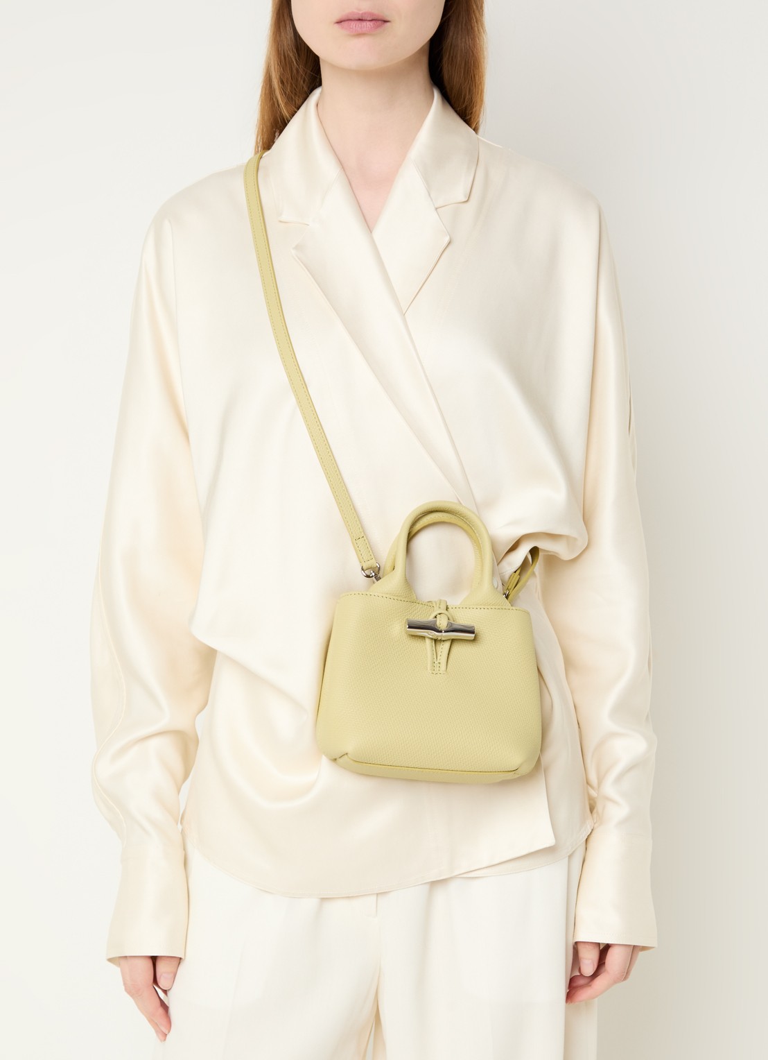 Longchamp Le Roseau handtas XS van leer - voorkant 5 lichtgroen