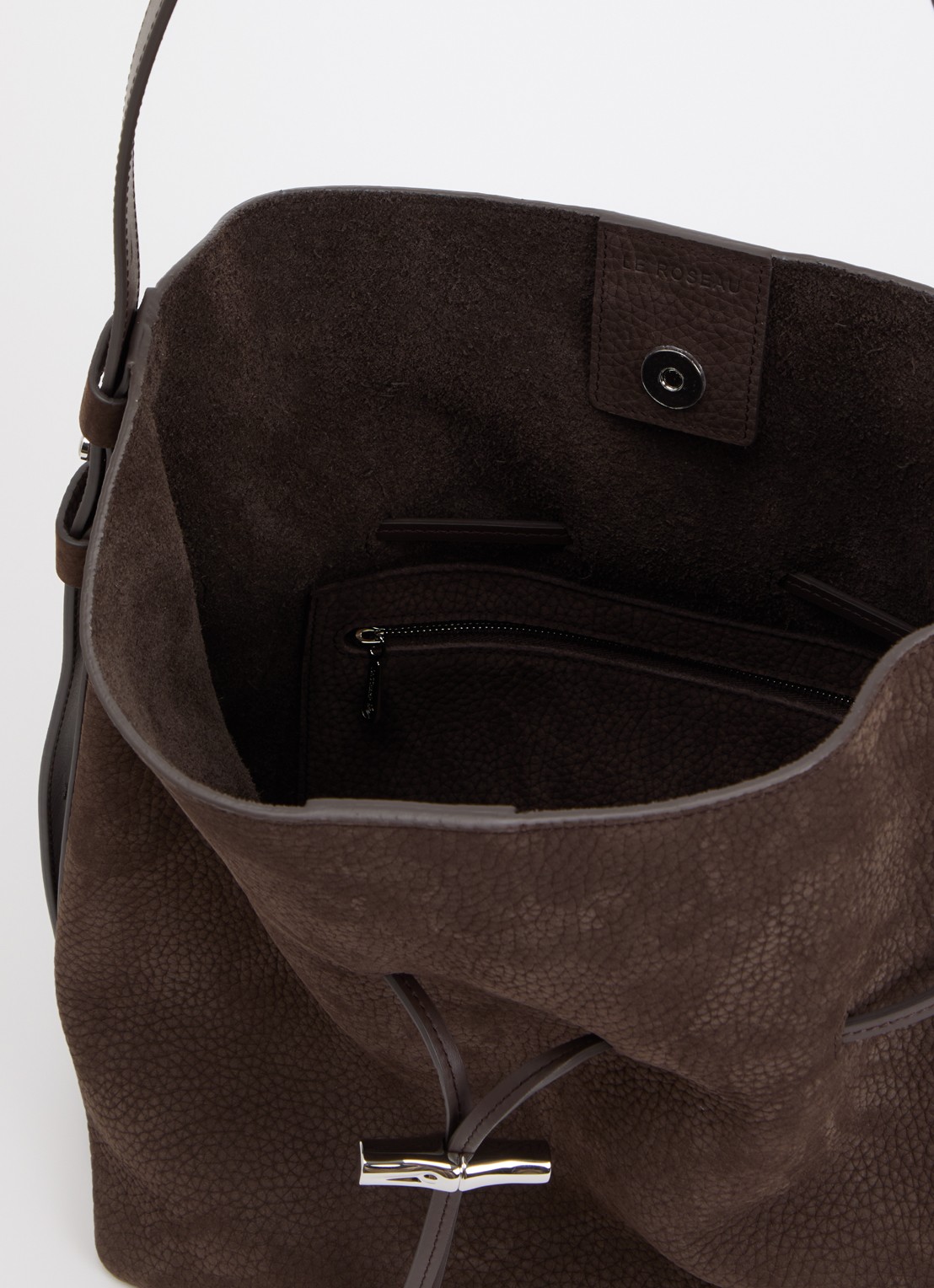 Longchamp Le Roseau schoudertas M van leer met verstelbare schouderriem - detail 3 donkerbruin