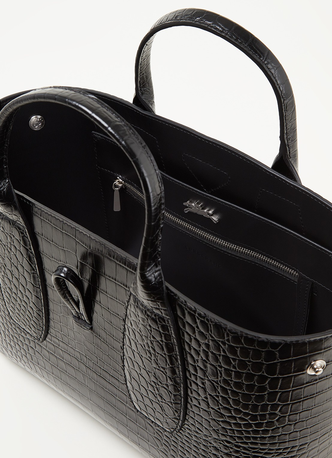 Longchamp Roseau handtas van leer met crocostructuur - detail 4 zwart