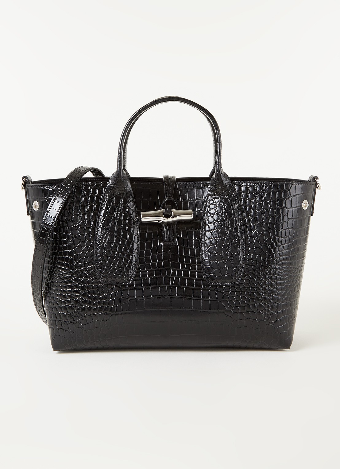 Longchamp Roseau handtas van leer met crocostructuur - voorkant zwart