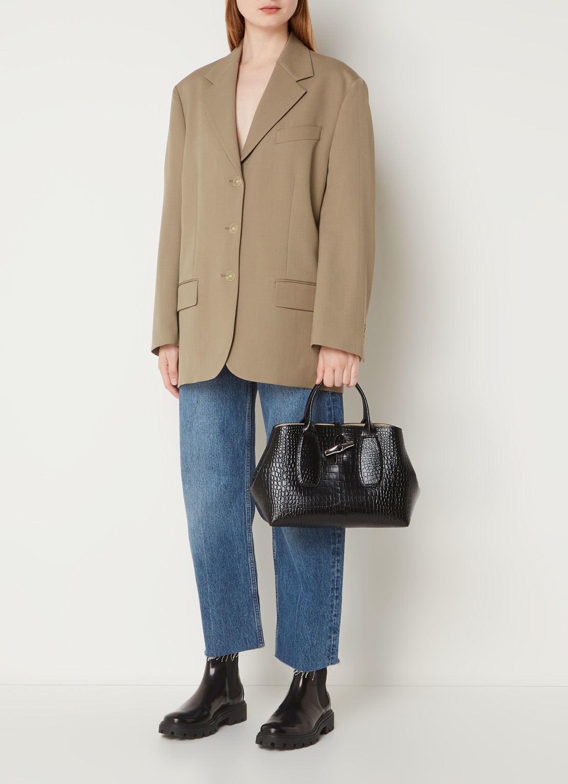 Longchamp Roseau handtas van leer met crocostructuur - voorkant 2 zwart