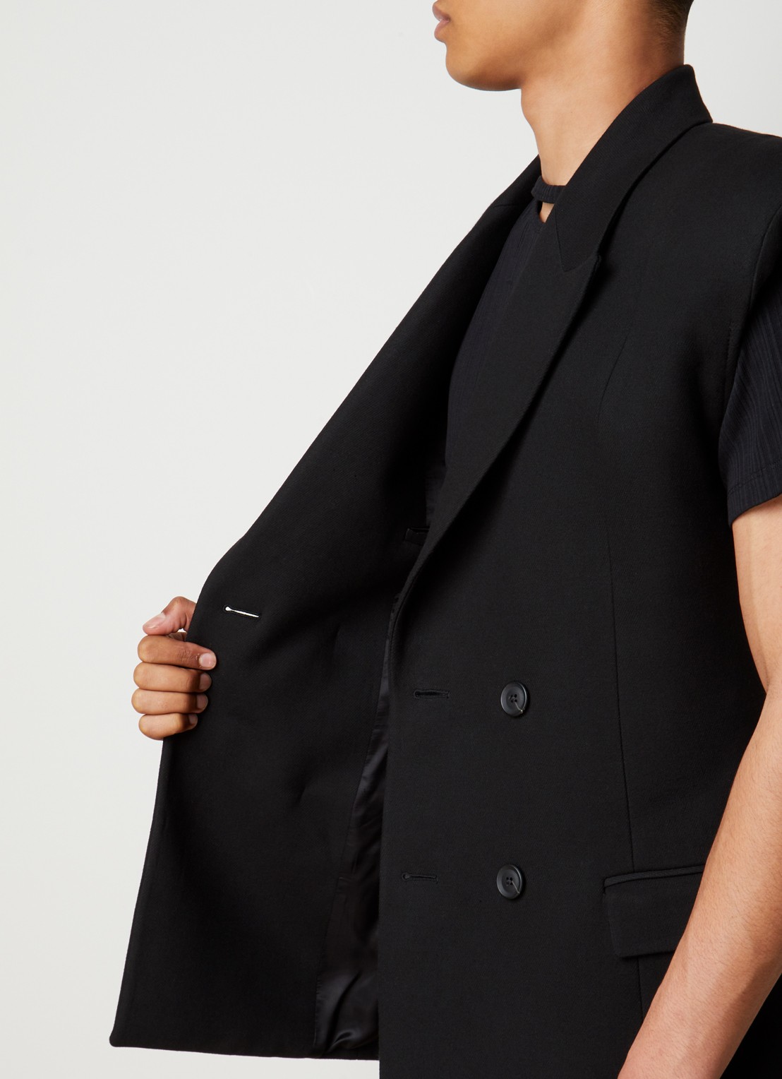 Louis Gabriel Nouchi Mouwloze double-breasted slim fit colbert in alpaca wolblend - detail 4 zwart