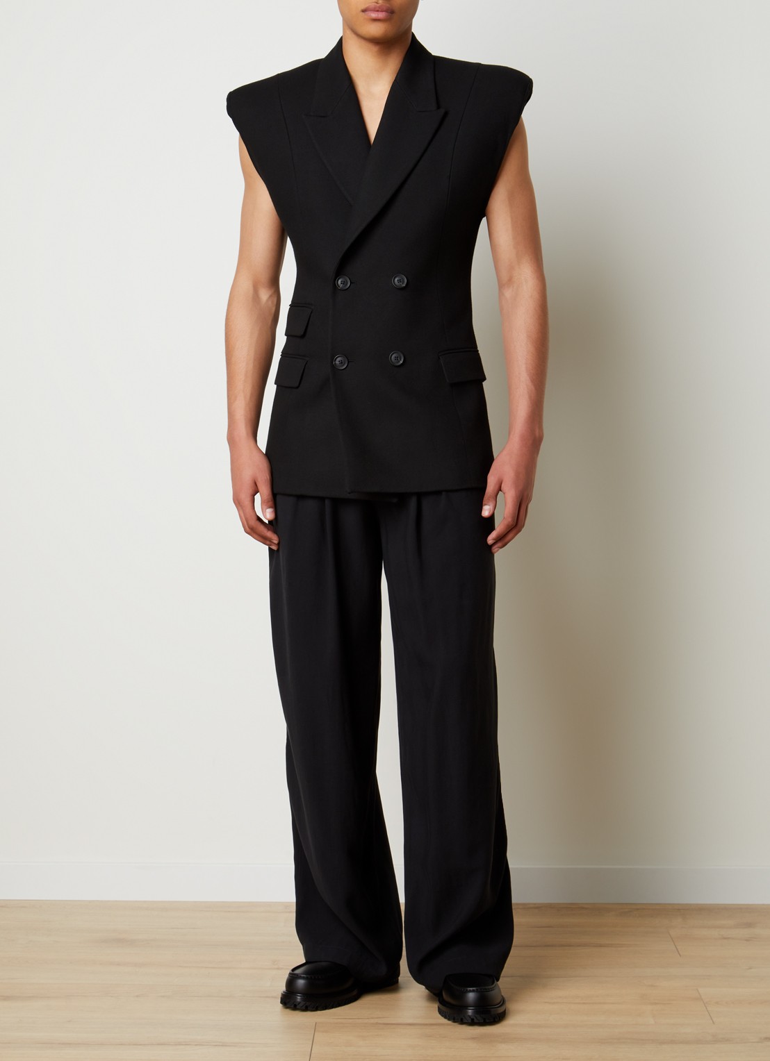 Louis Gabriel Nouchi Mouwloze double-breasted slim fit colbert in alpaca wolblend - voorkant 2 zwart