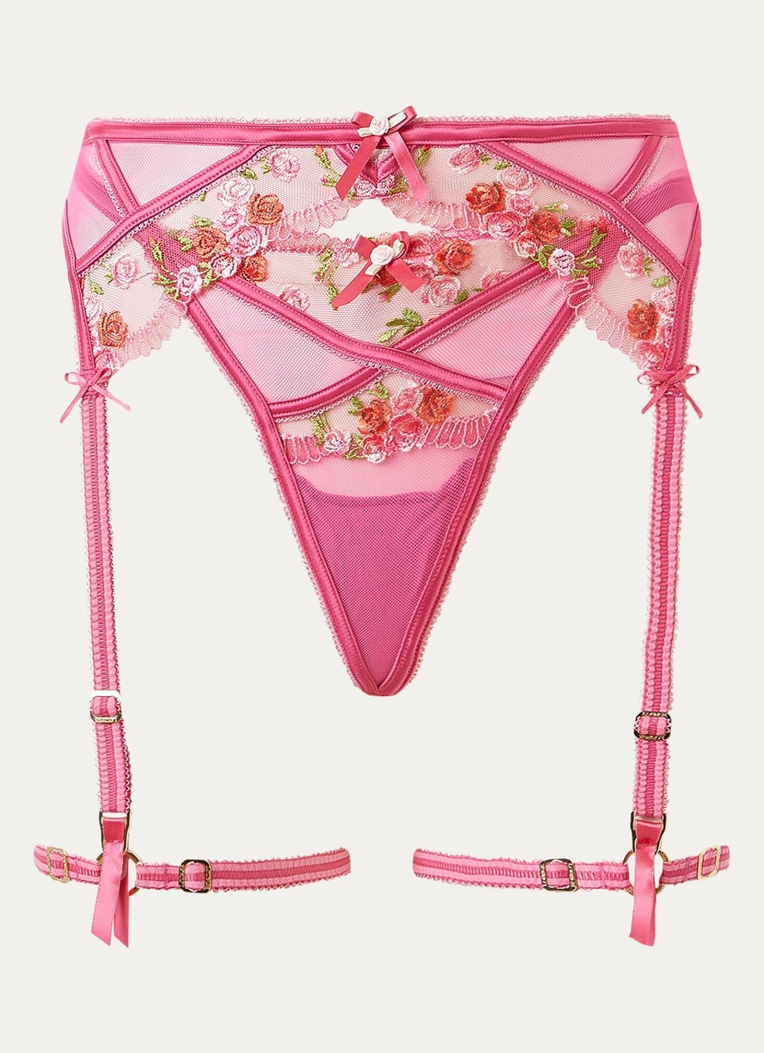 Lounge Camellia jarretels en slip van mesh met bloemborduring in set - voorkant 2 roze