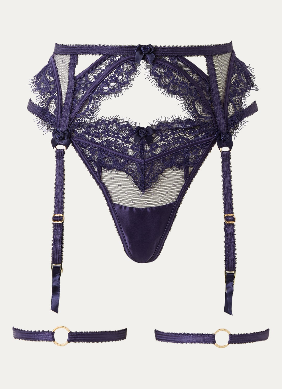 Lounge Cassandra jarretels en slip van mesh met bloemborduring - voorkant donkerblauw